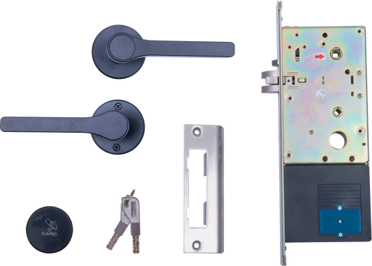 Modern Black Lever Handle smart Door Lock System with Key Lock, Security Keys, and Card Reader  