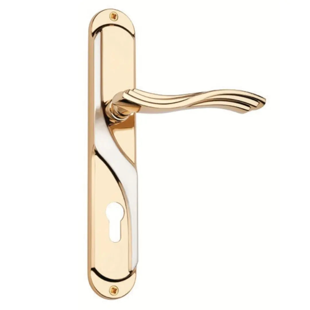 Elegant Gold Colored Door Handle with Ornate Curved Design and Cream Inlay – Decorative Keyhole Faceplate