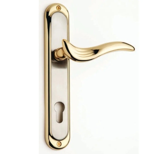 Elegant Brass Curved Door Handle with Brushed Silver Plate & Keyhole – Polished Reflective Finish