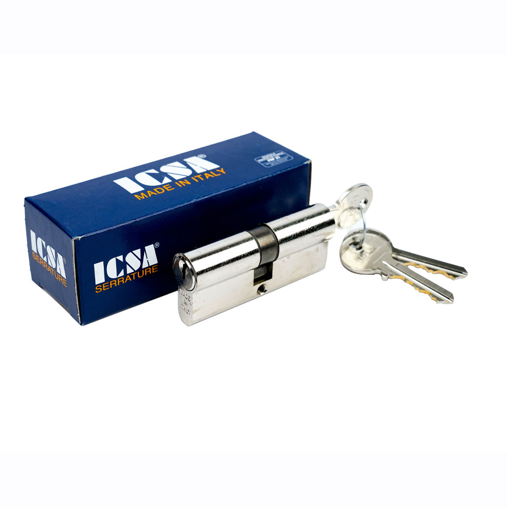 Chrome-Plated Euro Cylinder Lock with Matching Keys 62 MM Nickel – Dual Locking Mechanisms, Made in Italy by ICSA