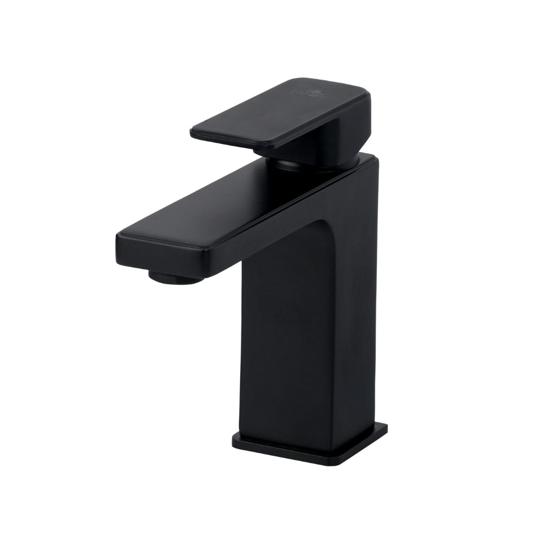 Modern Matte Black Single-Handle Bathroom Mixer Faucet – Rectangular Design with Angled Spout and Square Base for Sink or Basin