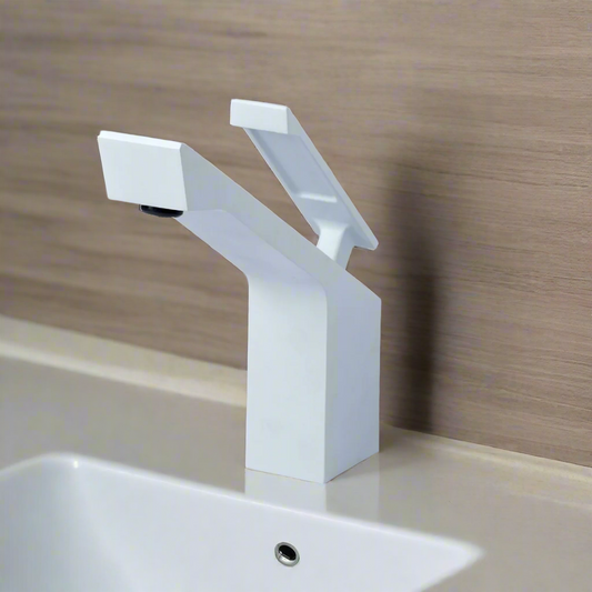 Modern White Rectangular Faucet with Lever Handle – Sleek Glossy Finish,  Bathroom Fixture